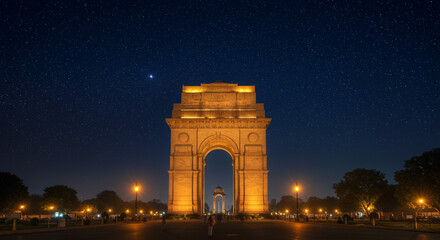 Illuminated india gate monument against a dark blue starry sky at night in delhi