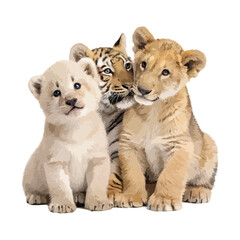 Obraz premium Cute trio of big cat cubs, including a white bear, tiger, and lion, with big eyes, isolated on white. Ideal for wildlife art, nursery decor, and children's designs.