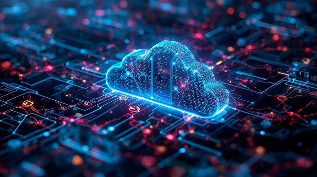 Futuristic cloud computing concept with interconnected data streams and digital devices in a vibrant, tech-inspired landscape.
