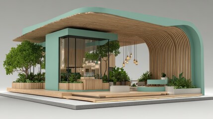 Modern architectural design featuring a vibrant green and wooden structure with indoor plants