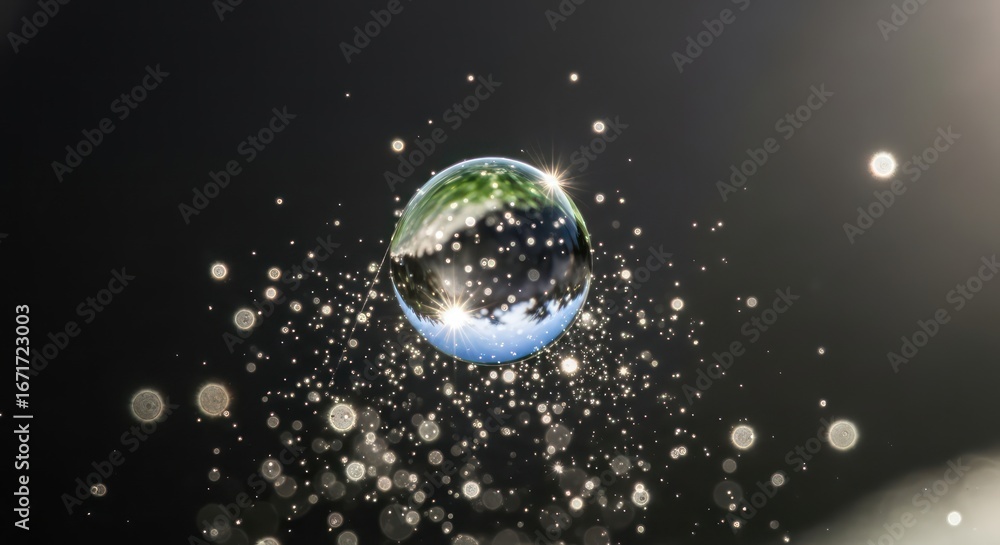 Poster mystical orb surrounded by shimmering light specks on a dark gradient backdrop