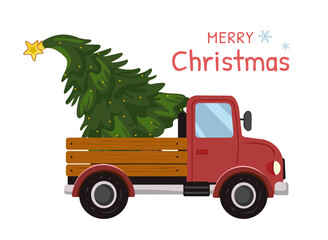 Festive red truck with Christmas tree. Vector design isolated on white background. Suitable for Christmas cards, posters, stickers, holiday prints and decorations.