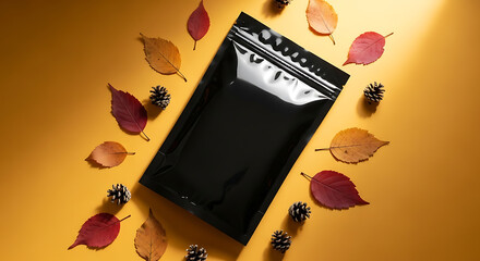 Sleek Black Doypack Mockup with Autumn Leaves and Pine Cones on Golden Background.