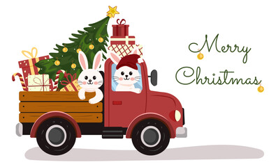 Christmas red truck with hares carrying decorated fir tree and colorful gift boxes. Vector design isolated on white background. Suitable for Christmas cards, posters, stickers, holiday prints