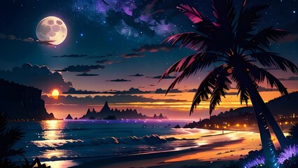 A tranquil twilight beach scene features a purple-blue sky, a bright full moon, and silhouetted palm trees.