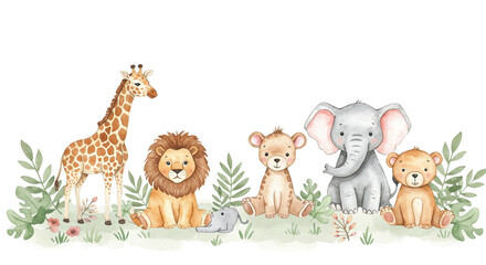 Fototapeta premium Watercolor illustration of a giraffe lion tiger elephant and bear in nature scene