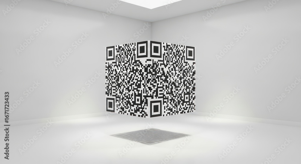 Poster qr code cube hovering in a clean white room illuminating the digital space
