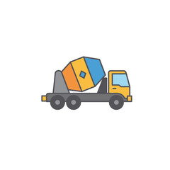 Fototapeta premium This colorful flat design icon depicts a modern cement mixer truck, essential for construction and building projects, on a clean white background.