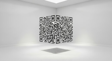 QR code cube hovering in a clean white room illuminating the digital space