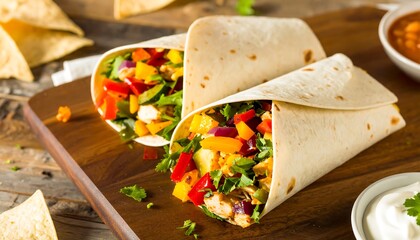 Two flavorful chicken burritos filled with vibrant vegetables and served on a rustic wooden board.