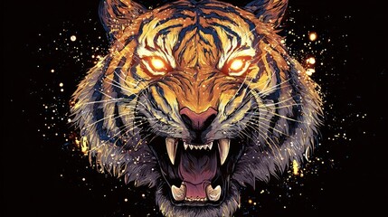 A portrait of a dangerous Bengal tiger with piercing eyes and striking black stripes in the dark