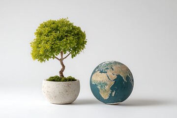 White field illustrating lush vegetation in global container alongside earth replica emphasizing environmental protection
