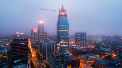City skyline shrouded in fog, featuring modern skyscrapers and construction. scene is illuminated by city lights, creating mysterious atmosphere