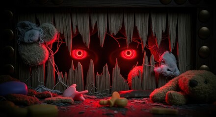Sinister red eyes peering through a dilapidated wooden structure among discarded toys evoking