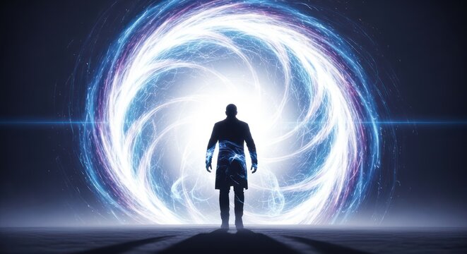 Silhouette stands before glowing vortex of energy hinting at cosmic exploration