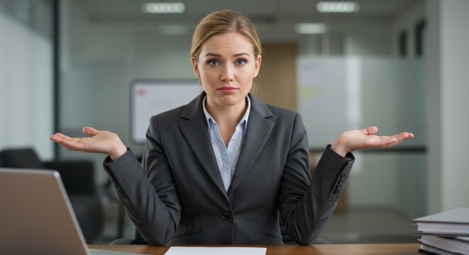 Businesswoman shrugging confused at desk office