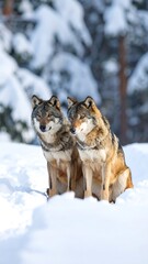 Fototapeta premium Two wolves sit attentively in a snowy winter landscape, their postures suggesting alertness and anticipation.