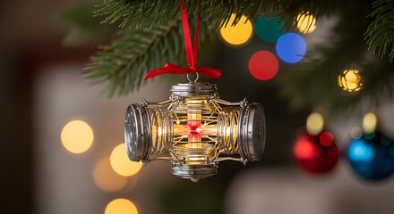 A unique steampunk-inspired Christmas ornament with a glowing red core hangs on a festive tree blending industrial design with holiday tradition against a backdrop of colorful lights.