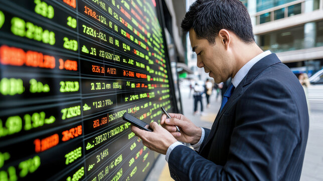 Businessman checks stock prices on digital board while using smartphone, showcasing modern financial environment