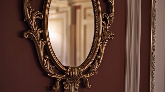 Ornate gold-toned oval mirror on a burgundy wall