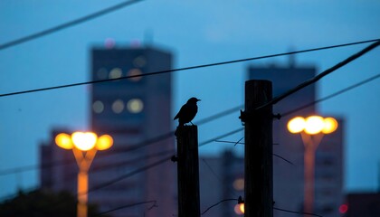 Silhouetted bird perched on a weathered post at dusk, city lights blurred in background