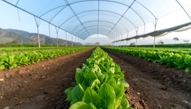 Rows of vibrant green leafy crops grow in a spacious greenhouse under a translucent arched roof