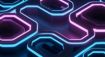 Minimalist futuristic pattern with neon-lined polygons in glowing cyan and violet, photorealistic 3D texture