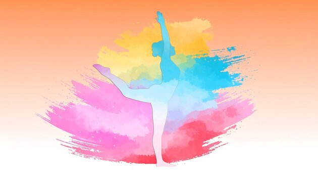 Watercolor-style silhouette of a dancer in a graceful pose against a vibrant, multicolored background - Powered by Adobe
