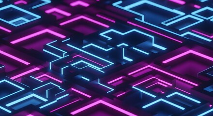 Abstract geometric pattern with glowing neon blue and pink lines on a dark background.
