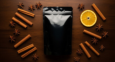 Matte Black Pouch Mockup Artfully Arranged with Aromatic Cinnamon Sticks, Star Anise, and Bright Orange Slice on Dark Wood.