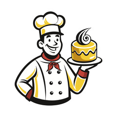 Happy chef holding a beautifully decorated cake, celebrating baking success, culinary art, pastry creativity, gourmet dessert illustration, vector design