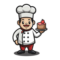 Happy chef holding a beautifully decorated cake, celebrating baking success, culinary art, pastry creativity, gourmet dessert illustration, vector design