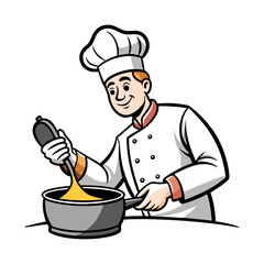 Vector Illustration of Chef Pouring Pancake Batter into Pan, Cooking Breakfast, Culinary Art, Kitchen Preparation, Delicious Homemade Recipe Concept