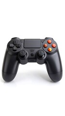 A sleek, black gaming controller with vibrant orange and red accents is displayed against a plain white background.