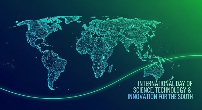 International Day of Science, Technology & Innovation for the South, global digital map with circuit network