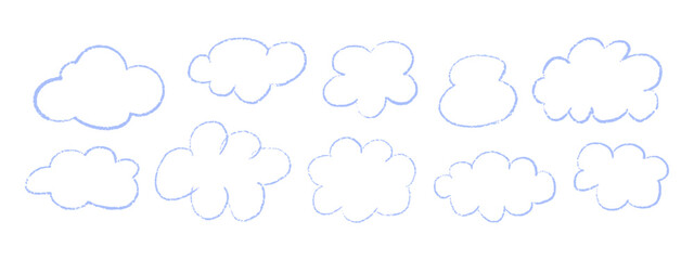 Cute childlike cloud collection. Crayon and chalk pastel doodle icons of clouds. Hand drawn elements with grunge texture isolated vector © Jexy