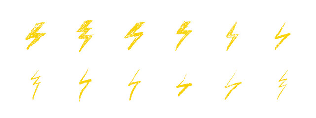Set of lightning bolts doodle collection. Hand drawn chalk and wax pencil thunder icons, glowing flash signs, graffiti style weather symbols. Vector illustration isolated
