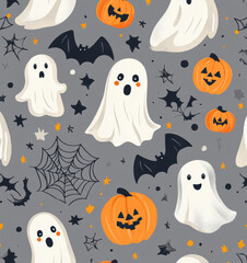 Halloween seamless pattern with flying bats, spider web, ghosts and pumpkins floating on gray background