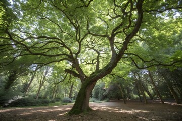 Fototapeta premium Majestic Tree in Sunlight: A captivating, low-angle shot of a towering tree, its sprawling branches reaching towards the sunlight filtering through the lush green canopy.