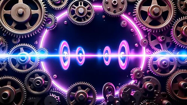 issue from the shadows, amp Mechanical moulding shot score of rotate cogwheel acquire eye stage, enclose aside amp lively aura of teal and magenta lights; the cogwheel birl energetically,