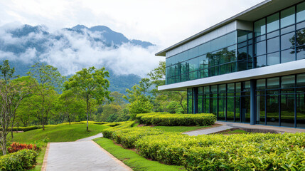 Obraz premium Modern architecture blends with nature in this serene landscape featuring glass building surrounded by lush greenery and mountains