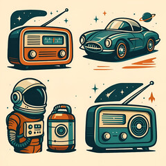 Retro Illustration with Radios, Classic Car and Astronaut Figure