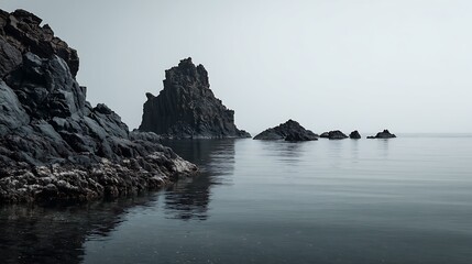 Dark cliff and rocks in minimalist seascape
