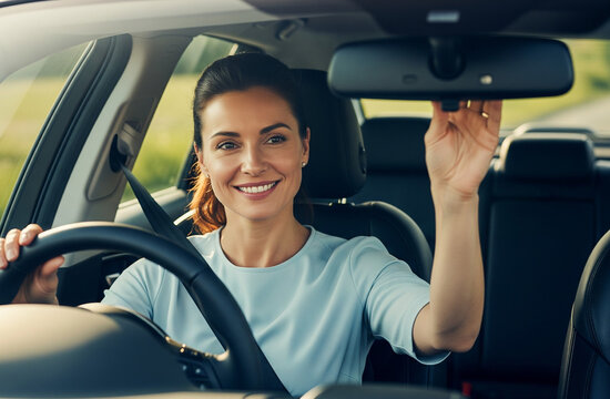 Left hand adjusts mirror, right hand holds steering wheel.