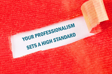 A bold message on a vibrant red background emphasizes the importance of professionalism in establishing high standards within work and personal life