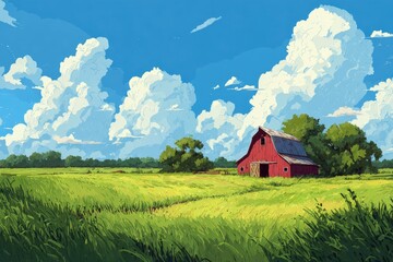 Sunny rural landscape with red barn