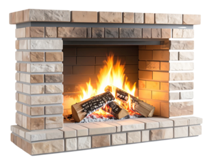 Angled Side View of Fireplace with Flickering Fire, Logs Visible, Isolated PNG
