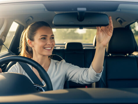 Woman adjusts car rearview mirror before starting safe driving journey.