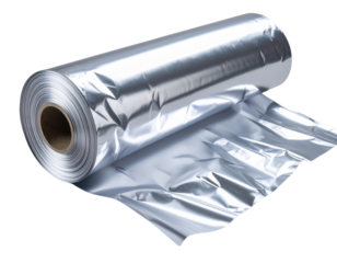 Close-Up of Crinkled Aluminum Foil Sheet with Rolled Edge, Top-Down View, Isolated