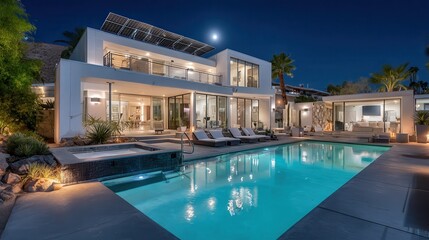 Fototapeta premium Vibrant photo of night view of a beautiful white house with solar panels and a swimming pool.